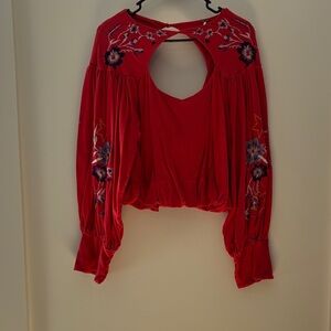 Free People Red Floral Embroidered Blouse